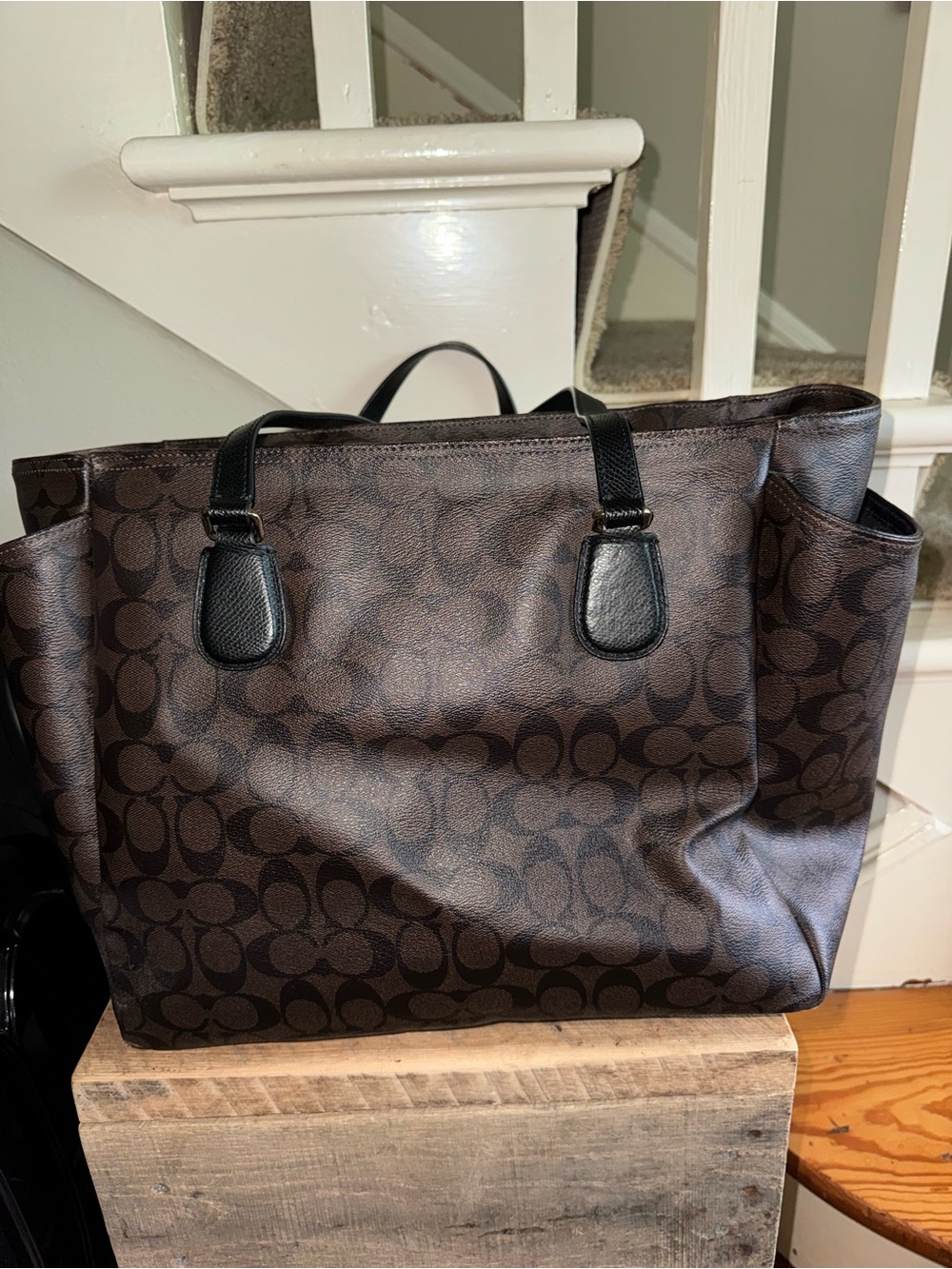 Coach F35414 Large Diaper Overnight Tote Travel Bag Coated Canvas Brown Black - Picture 3 of 12